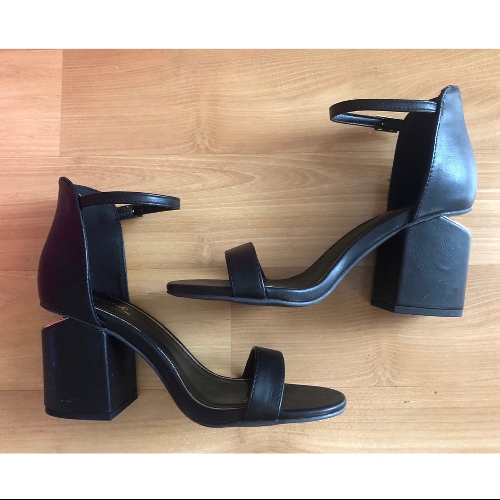 QUPID Black Leather Block Heel Gold Accents